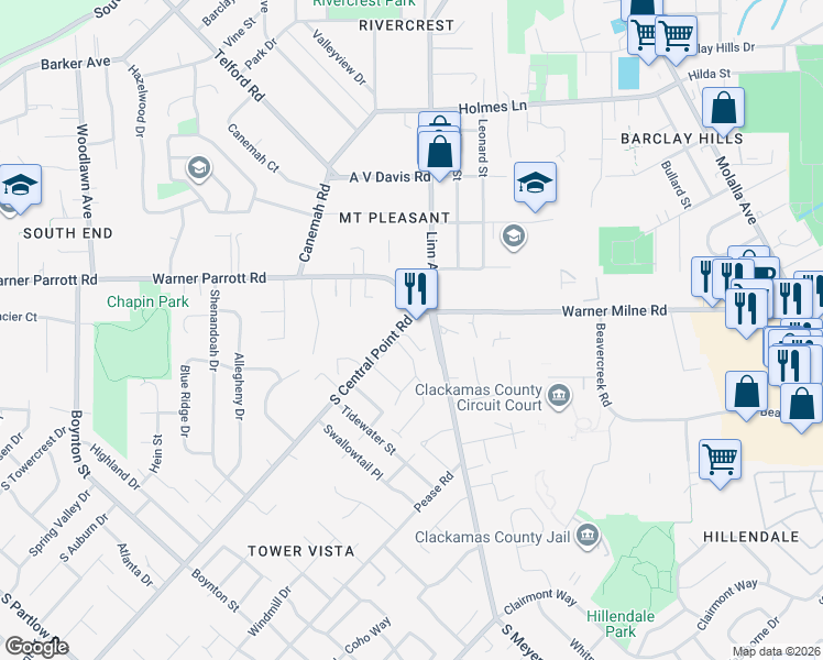 map of restaurants, bars, coffee shops, grocery stores, and more near in Oregon City