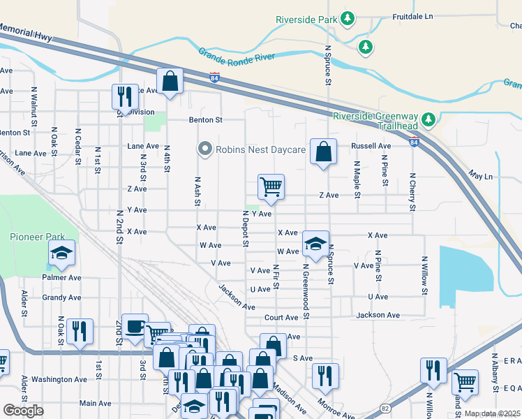 map of restaurants, bars, coffee shops, grocery stores, and more near 1315 Y Avenue in La Grande