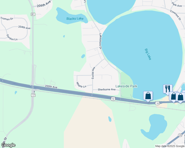 map of restaurants, bars, coffee shops, grocery stores, and more near 241 Euclid Avenue in Big Lake