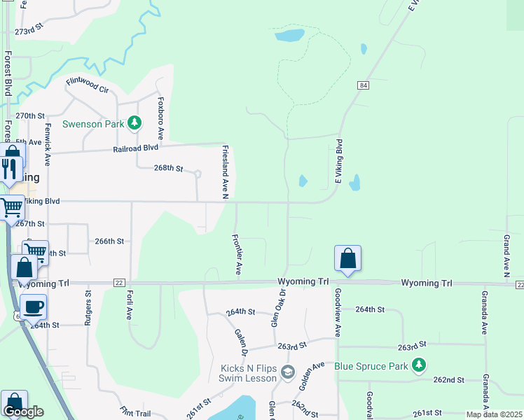 map of restaurants, bars, coffee shops, grocery stores, and more near 26730 Garden Lane in Wyoming