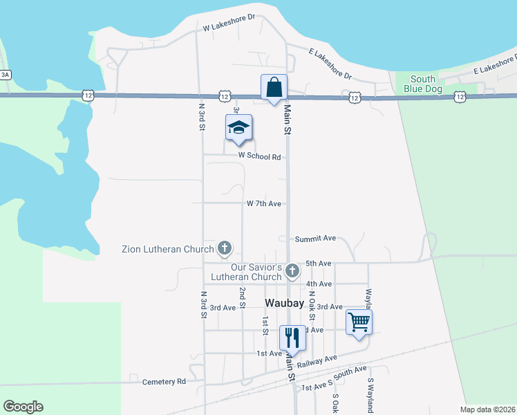 map of restaurants, bars, coffee shops, grocery stores, and more near 66 West 7th Avenue in Waubay