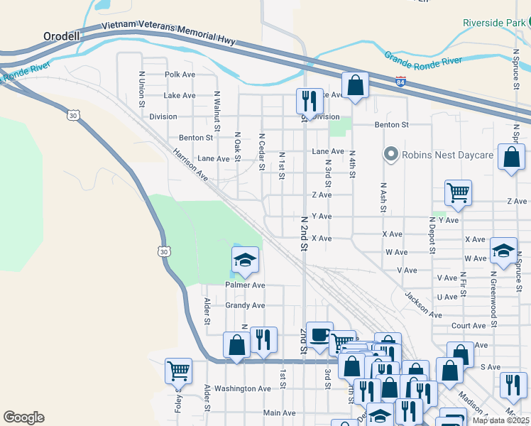 map of restaurants, bars, coffee shops, grocery stores, and more near 606 Y Avenue in La Grande