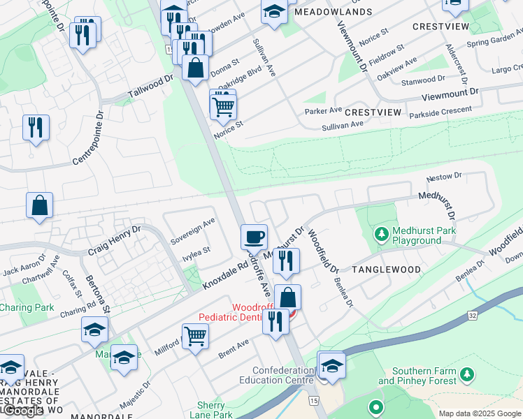 map of restaurants, bars, coffee shops, grocery stores, and more near 78 Brockington Crescent in Ottawa