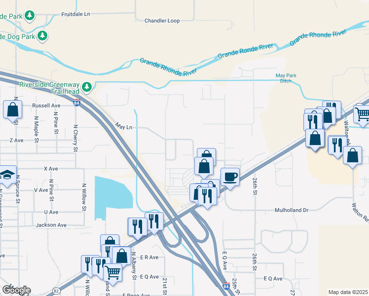 map of restaurants, bars, coffee shops, grocery stores, and more near 2608 May Lane in La Grande