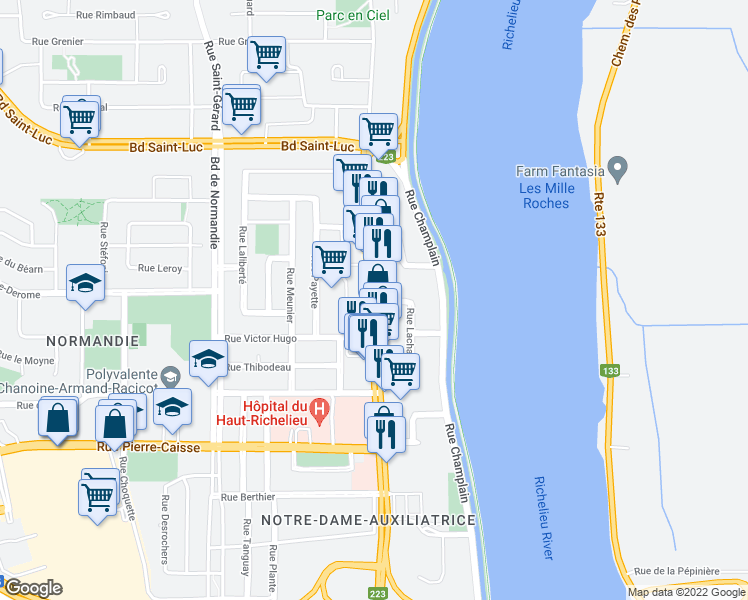 map of restaurants, bars, coffee shops, grocery stores, and more near 1005 Boulevard du Séminaire Nord in Saint-Jean-sur-Richelieu