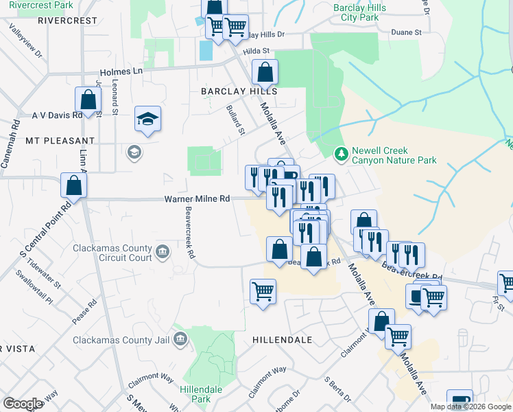map of restaurants, bars, coffee shops, grocery stores, and more near 320 Warner Milne Road in Oregon City