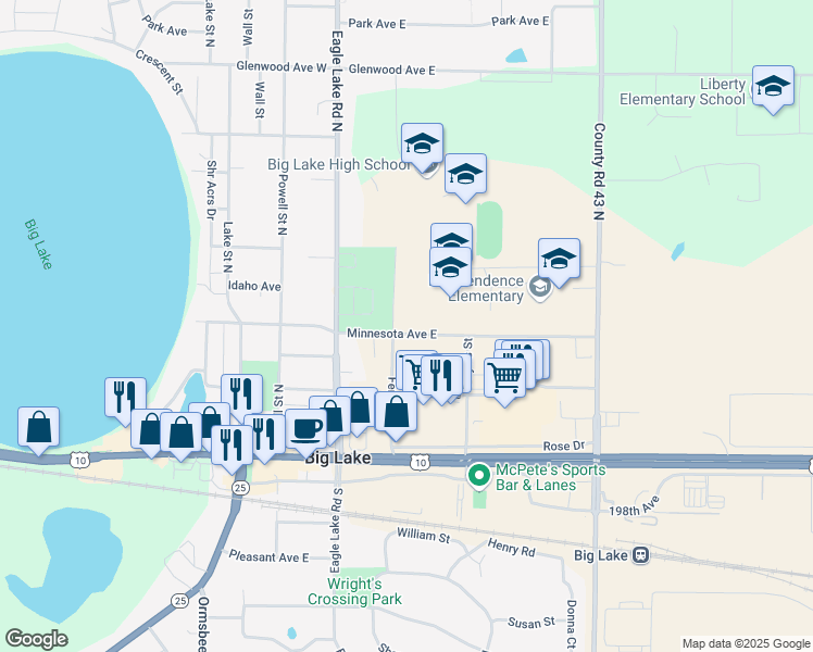 map of restaurants, bars, coffee shops, grocery stores, and more near 810 Martin Avenue in Big Lake