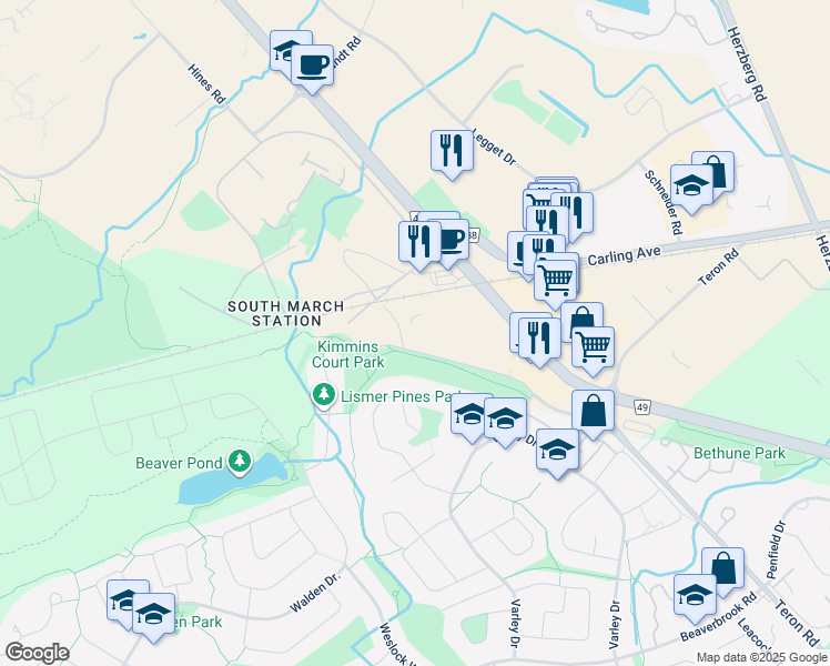 map of restaurants, bars, coffee shops, grocery stores, and more near 62 Steacie Drive in Ottawa