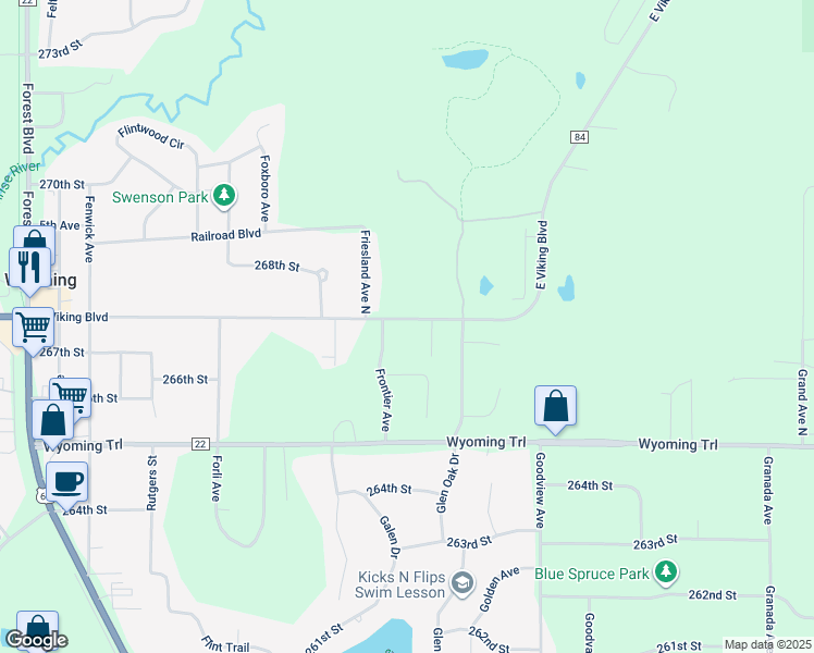 map of restaurants, bars, coffee shops, grocery stores, and more near 26730 Garden Lane in Wyoming