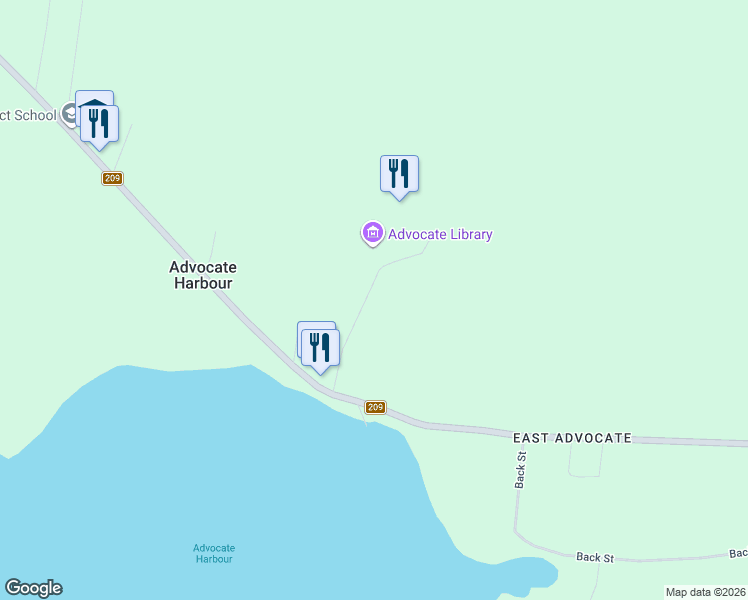 map of restaurants, bars, coffee shops, grocery stores, and more near 72 Mills Road in Advocate Harbour