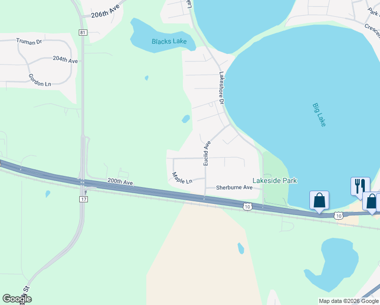 map of restaurants, bars, coffee shops, grocery stores, and more near 231 Leighton Drive in Big Lake