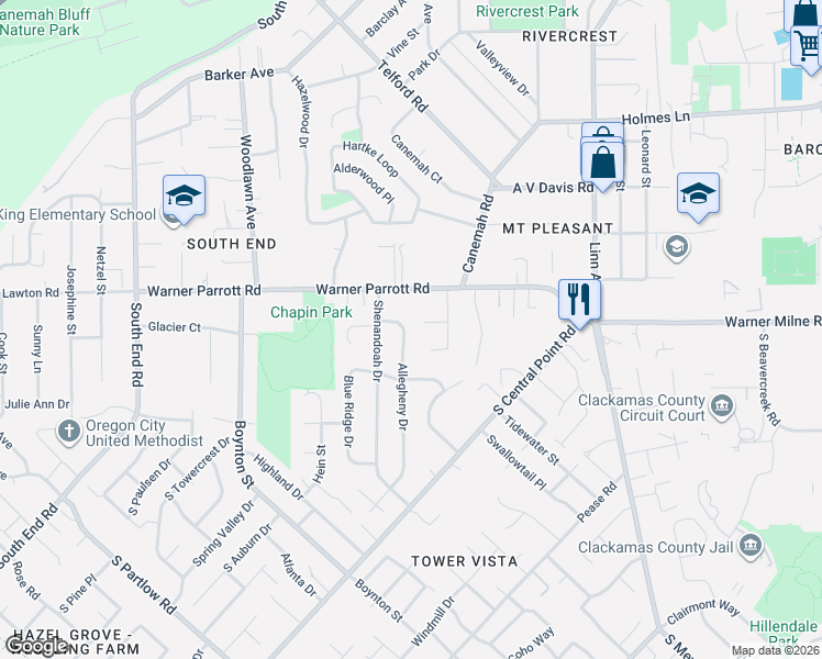 map of restaurants, bars, coffee shops, grocery stores, and more near 18672 Allegheny Drive in Oregon City