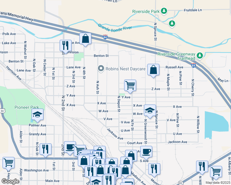 map of restaurants, bars, coffee shops, grocery stores, and more near 1217 Y Avenue in La Grande