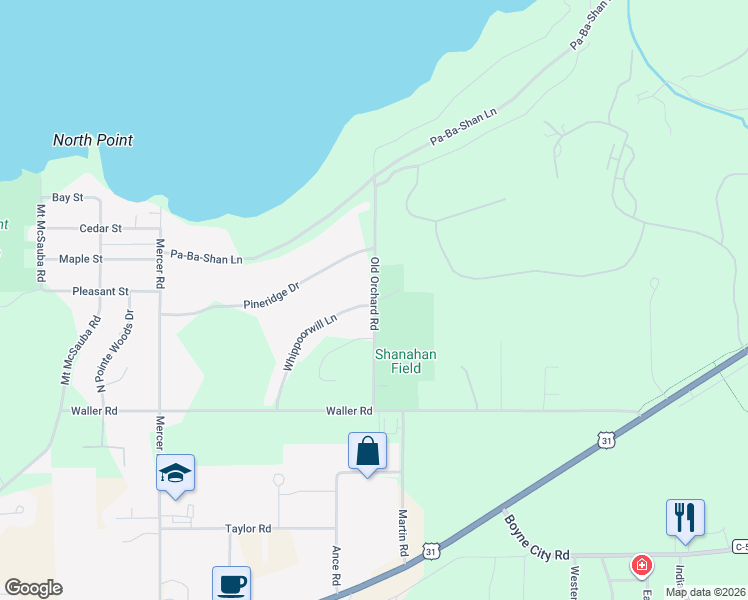 map of restaurants, bars, coffee shops, grocery stores, and more near 9412 Old Orchard Road in Charlevoix