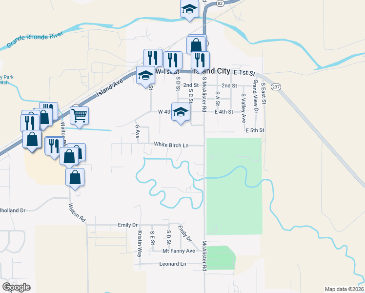 map of restaurants, bars, coffee shops, grocery stores, and more near 10203 White Birch Lane in Island City
