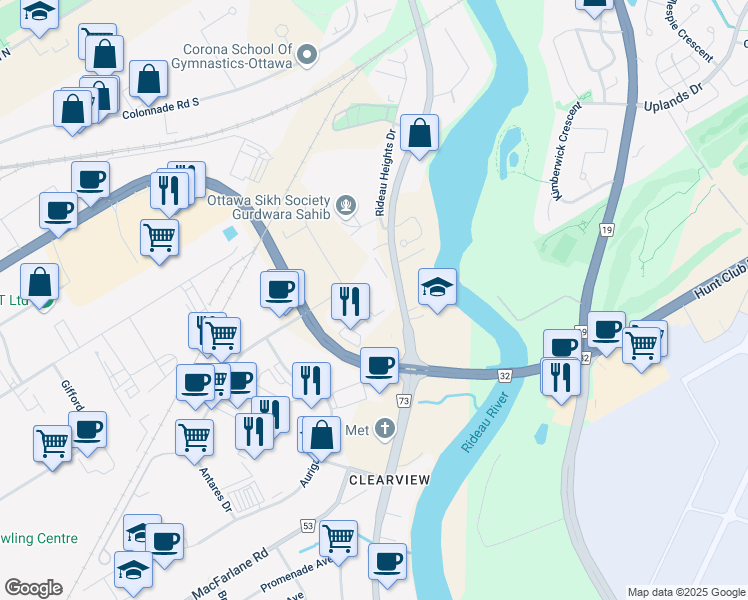 map of restaurants, bars, coffee shops, grocery stores, and more near 9 Gurdwara Road in Ottawa