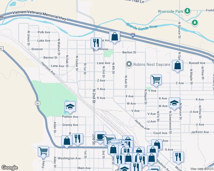 map of restaurants, bars, coffee shops, grocery stores, and more near 2605 North 3rd Street in La Grande