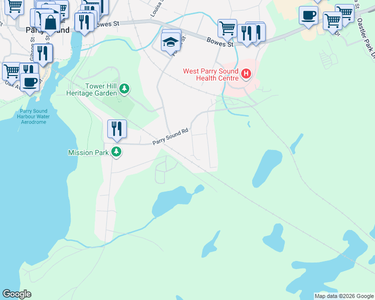 map of restaurants, bars, coffee shops, grocery stores, and more near 1 Melissa Street in Parry Sound