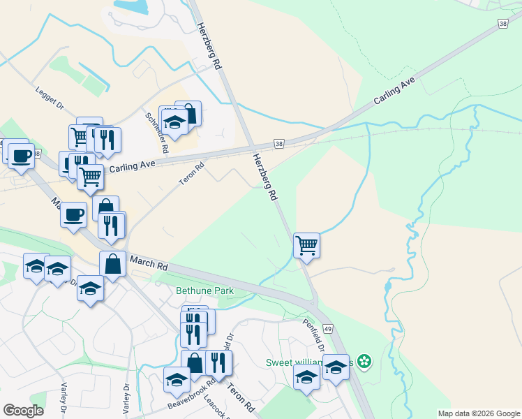 map of restaurants, bars, coffee shops, grocery stores, and more near 120 Herzberg Road in Ottawa