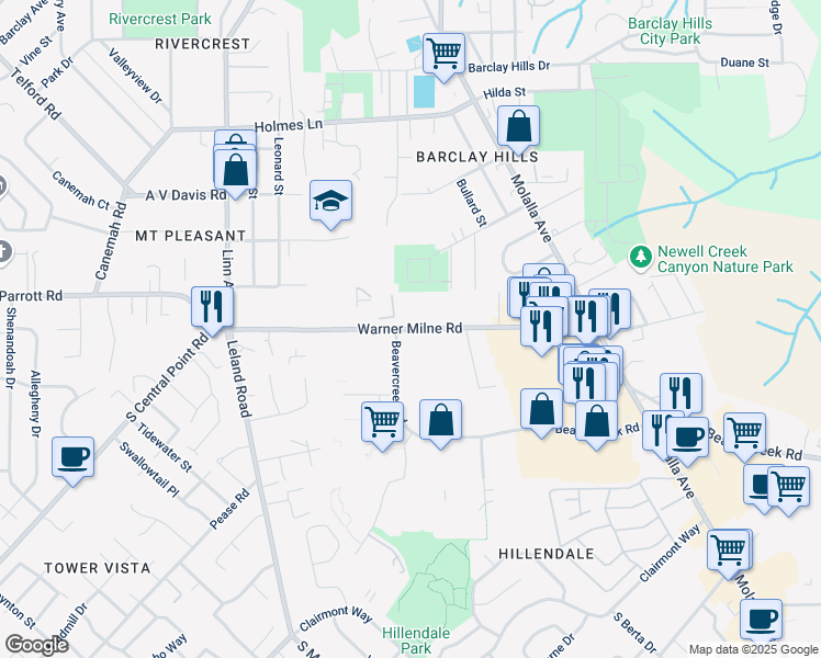 map of restaurants, bars, coffee shops, grocery stores, and more near 212 Warner Milne Road in Oregon City