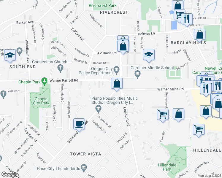 map of restaurants, bars, coffee shops, grocery stores, and more near 18707-15 South Central Point Road in Oregon City