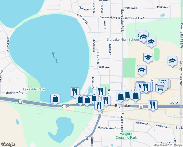 map of restaurants, bars, coffee shops, grocery stores, and more near 436 Shoreacres Drive in Big Lake