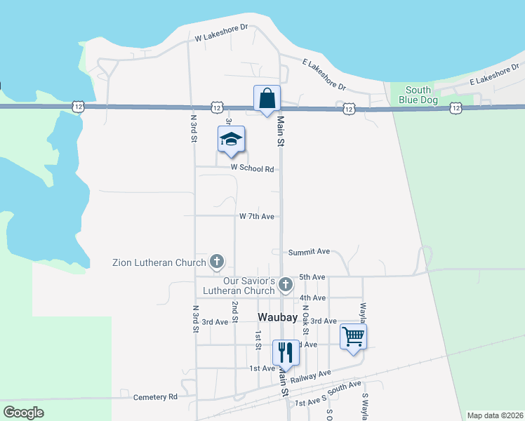map of restaurants, bars, coffee shops, grocery stores, and more near 66 West 7th Avenue in Waubay