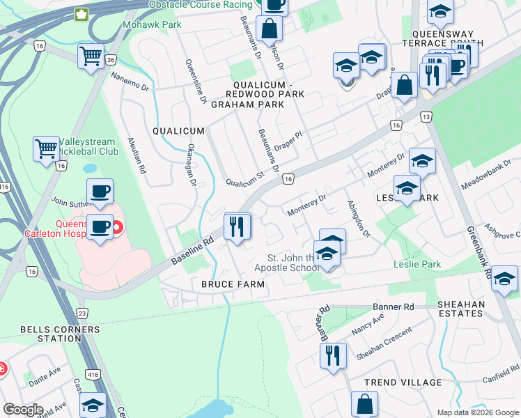 map of restaurants, bars, coffee shops, grocery stores, and more near 2932 Baseline Road in Ottawa