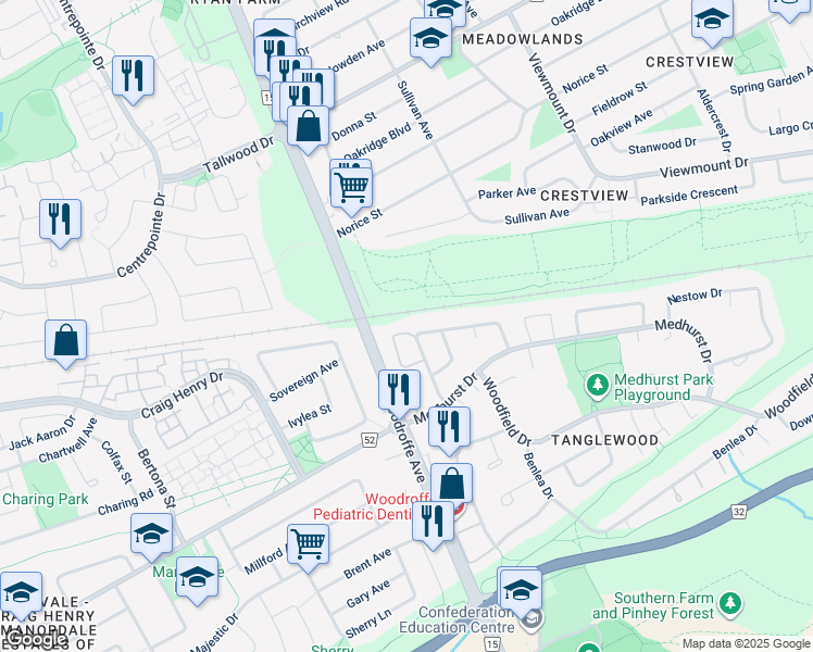 map of restaurants, bars, coffee shops, grocery stores, and more near 66 Brockington Crescent in Ottawa