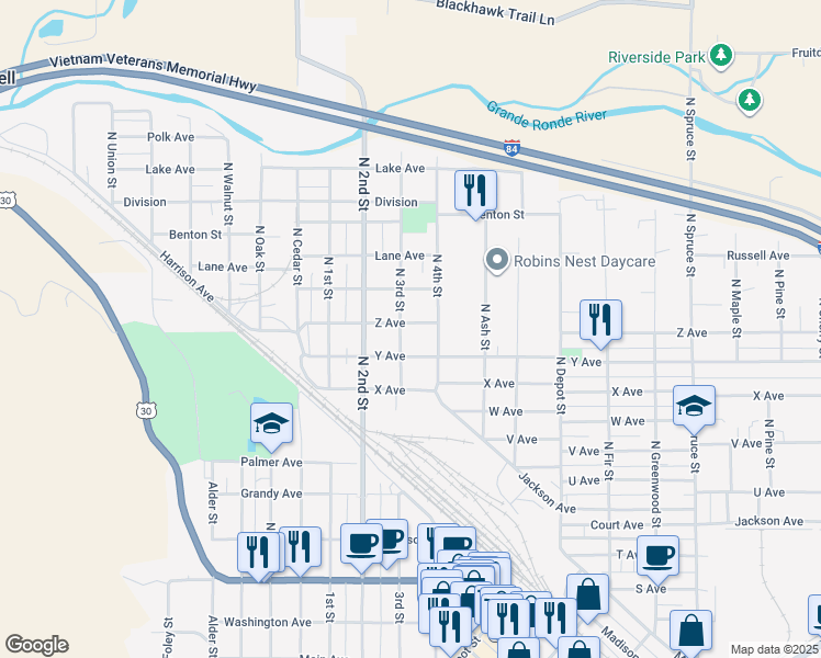 map of restaurants, bars, coffee shops, grocery stores, and more near 2605 North 3rd Street in La Grande