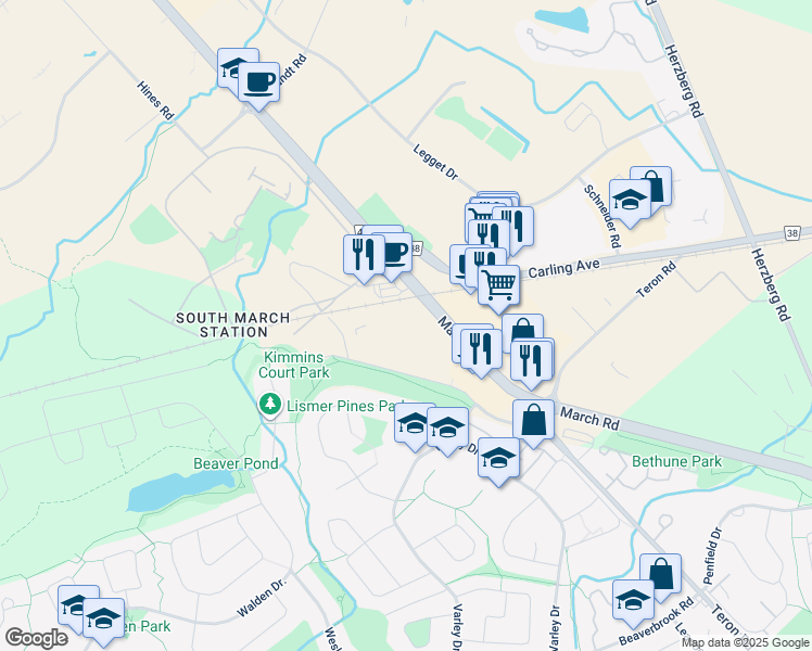 map of restaurants, bars, coffee shops, grocery stores, and more near 48 Steacie Drive in Ottawa