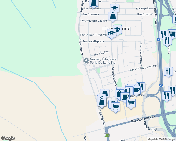 map of restaurants, bars, coffee shops, grocery stores, and more near 1045 Rue Bernier in Saint-Jean-sur-Richelieu