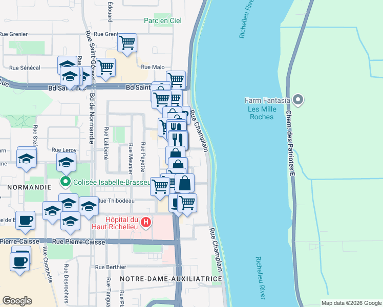 map of restaurants, bars, coffee shops, grocery stores, and more near 920 Rue Cayer in Saint-Jean-sur-Richelieu
