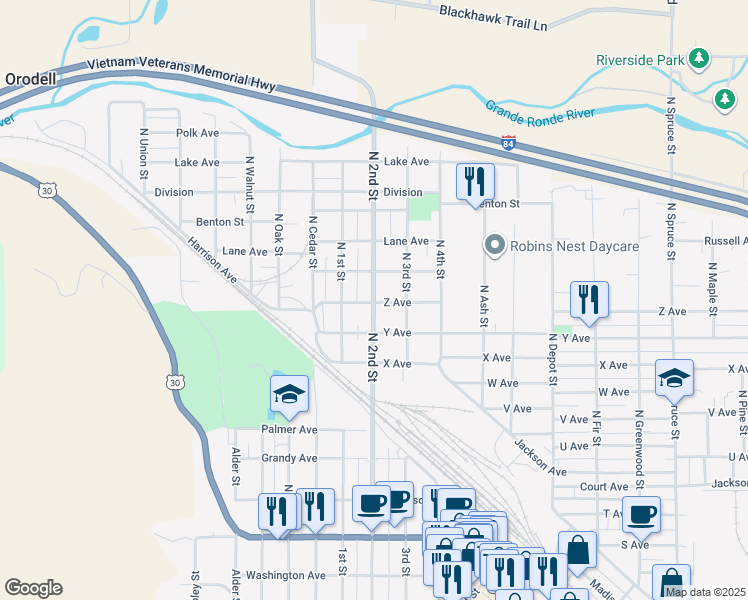 map of restaurants, bars, coffee shops, grocery stores, and more near 2712 North 2nd Street in La Grande