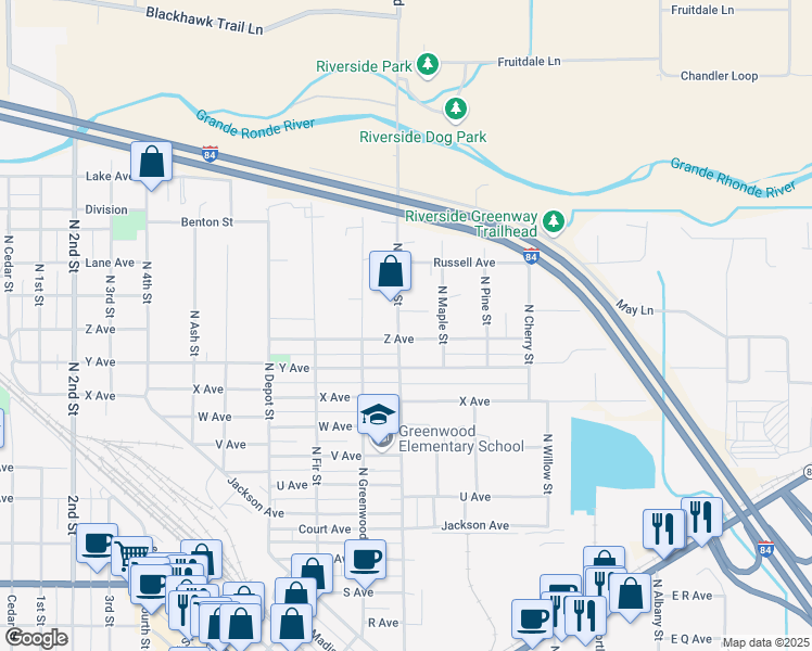 map of restaurants, bars, coffee shops, grocery stores, and more near 2703 North Spruce Street in La Grande