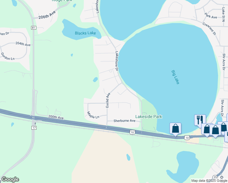 map of restaurants, bars, coffee shops, grocery stores, and more near 241 Euclid Avenue in Big Lake