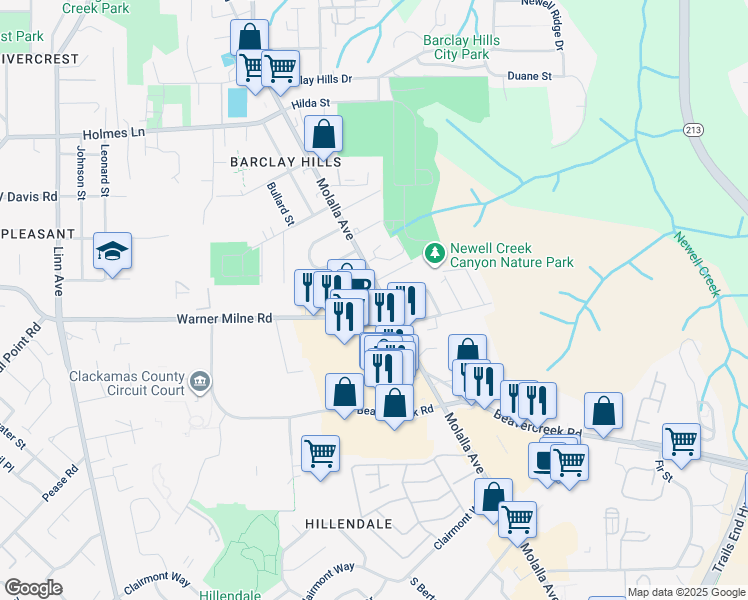 map of restaurants, bars, coffee shops, grocery stores, and more near 1174 Molalla Avenue in Oregon City
