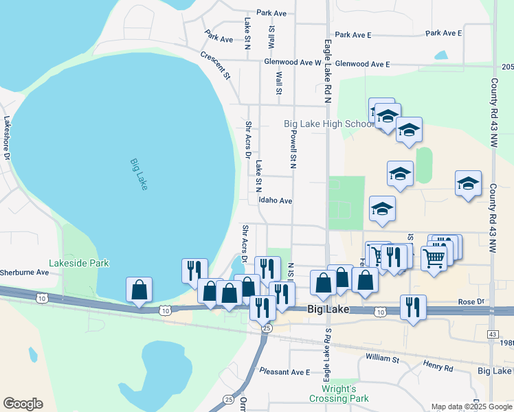 map of restaurants, bars, coffee shops, grocery stores, and more near 291 Shoreacres Drive in Big Lake