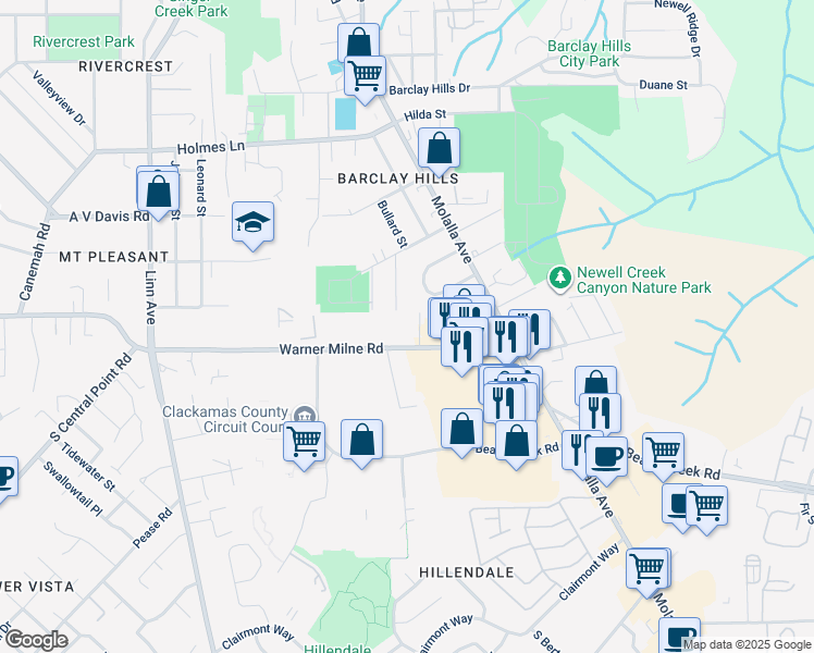 map of restaurants, bars, coffee shops, grocery stores, and more near 309 Warner Milne Road in Oregon City