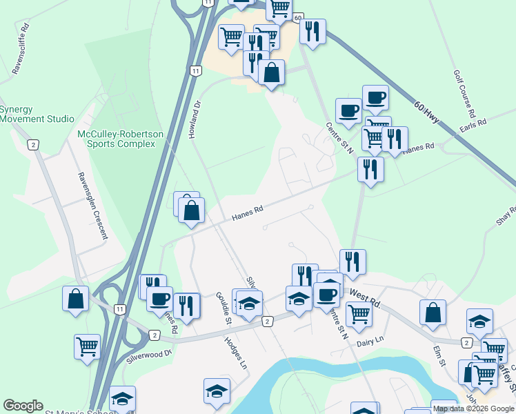 map of restaurants, bars, coffee shops, grocery stores, and more near 66 Hanes Road in Huntsville