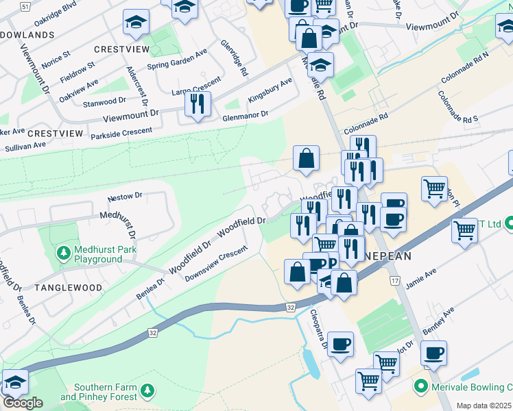map of restaurants, bars, coffee shops, grocery stores, and more near 57 Woodfield Drive in Ottawa