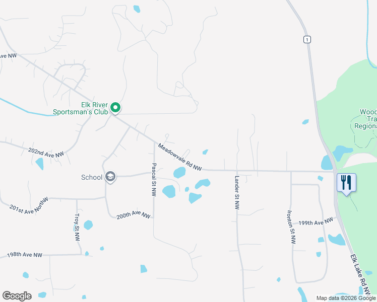 map of restaurants, bars, coffee shops, grocery stores, and more near 20189 Meadowvale Road Northwest in Elk River