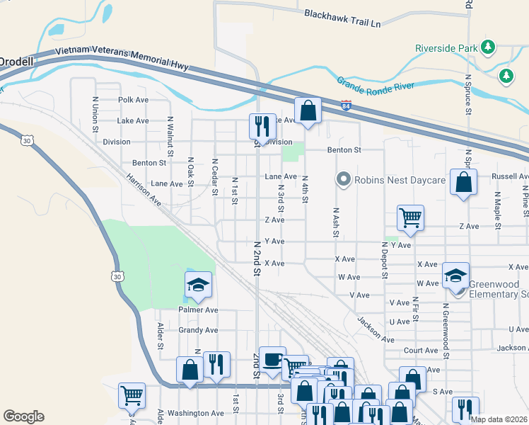 map of restaurants, bars, coffee shops, grocery stores, and more near 2712 North 2nd Street in La Grande