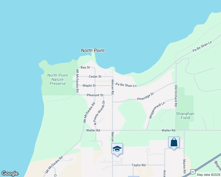 map of restaurants, bars, coffee shops, grocery stores, and more near 9626-9714 Mercer Rd in Charlevoix