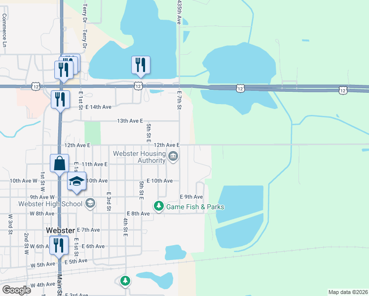 map of restaurants, bars, coffee shops, grocery stores, and more near 737 12th Avenue East in Webster