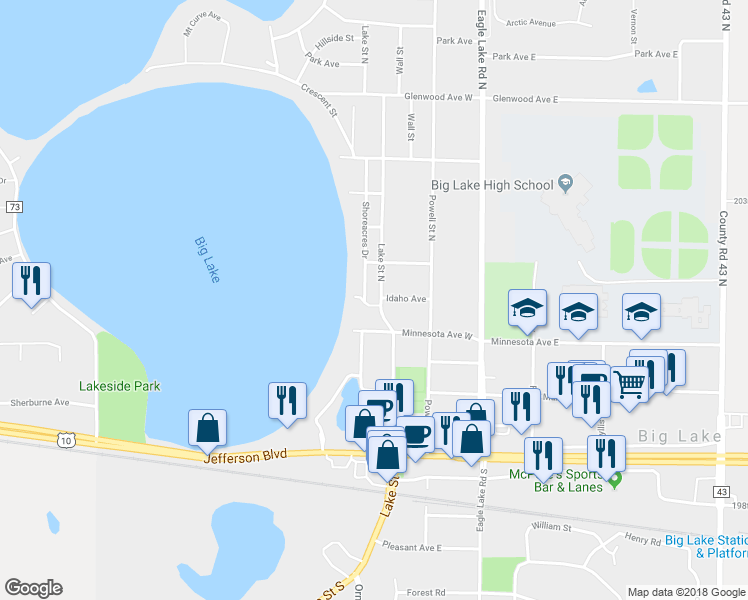 map of restaurants, bars, coffee shops, grocery stores, and more near 590 Shoreacres Drive in Big Lake