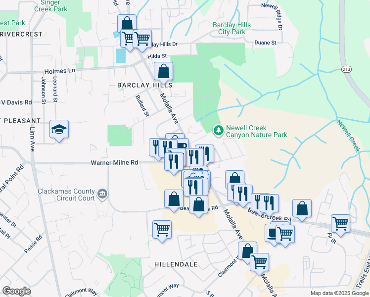 map of restaurants, bars, coffee shops, grocery stores, and more near 1174 Molalla Avenue in Oregon City