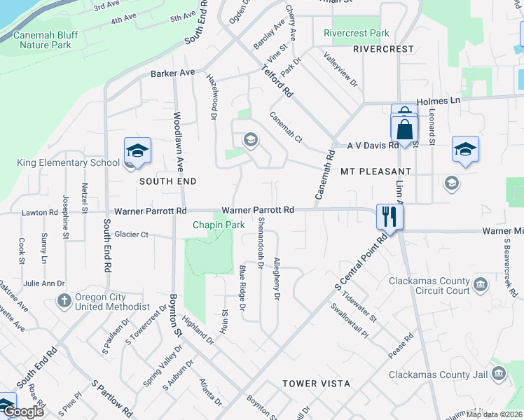 map of restaurants, bars, coffee shops, grocery stores, and more near 12449 Shenandoah Drive in Oregon City