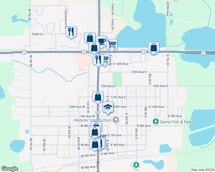 map of restaurants, bars, coffee shops, grocery stores, and more near 101 12th Avenue East in Webster