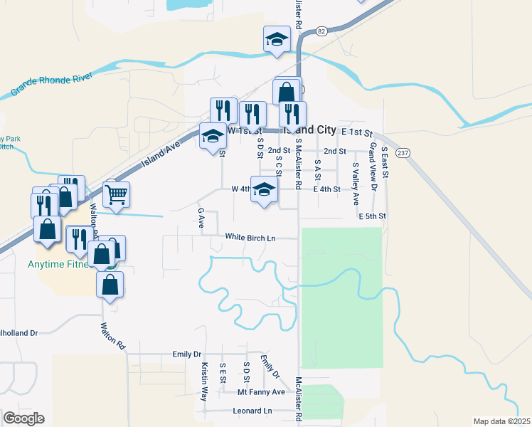 map of restaurants, bars, coffee shops, grocery stores, and more near 10201 West 4th Street in La Grande